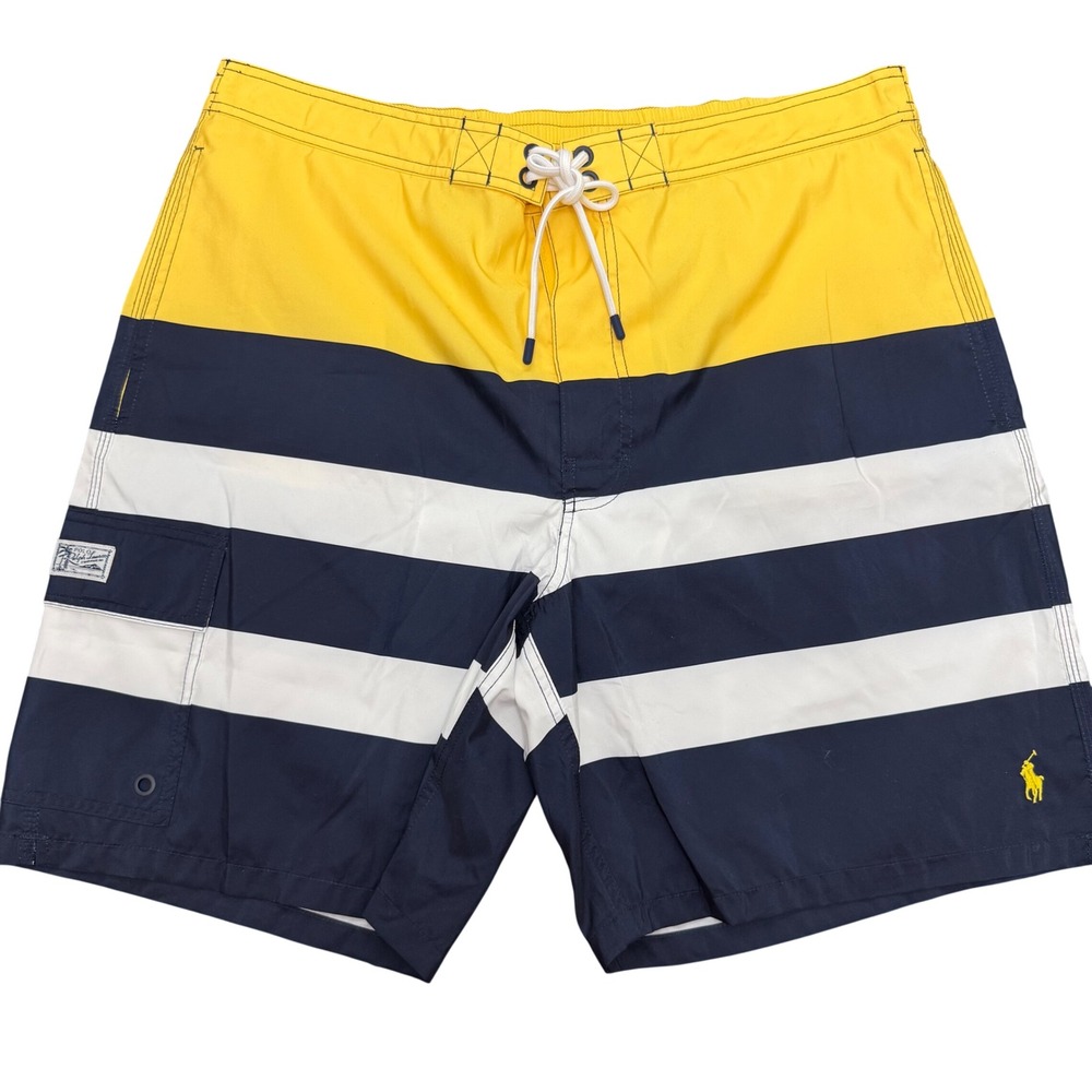 Polo Ralph Lauren Swim Trunks Mens XXL Yellow Navy White Striped Cargo Shorts